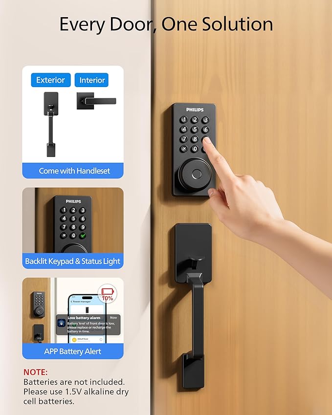 Philips Wi-Fi Smart Door Lock Deadbolt with Handle Set, Keyless Entry Door Lock for Front Door Set, Portable Fingerprint Door Lock with App Control, IP53 Waterproof, Auto Lock, Alexa Voice Control