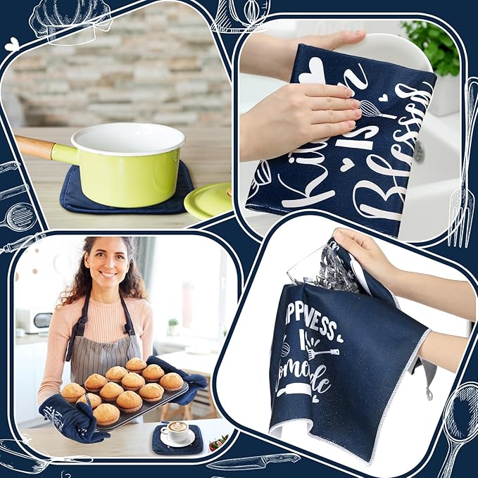 Fourluoo 10 Pcs Farmhouse Kitchen Decor and Accessories Set 4 Kitchen Towels 2 Pot Holders 2 Oven Mitts 2 Rugs for Cooking Baking Mom Housewarming Gifts(Dark Blue,Classic Style)