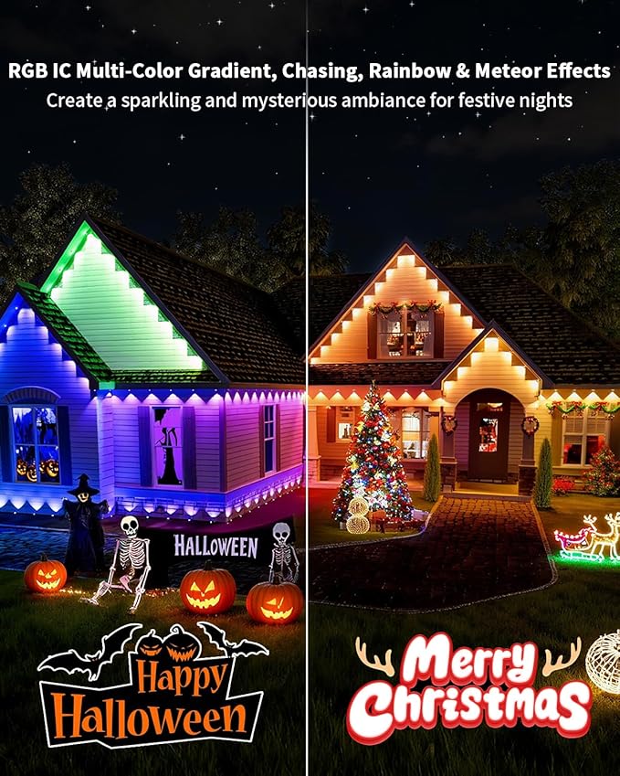 Permanent Outdoor Lights Pro,200ft with 120 LED RGB IC Smart Eave Light for Outdoor Decorations,IP67 Waterproof with Remote/App Control,DIY LED Scenes Modes for House Roof Decor, Black