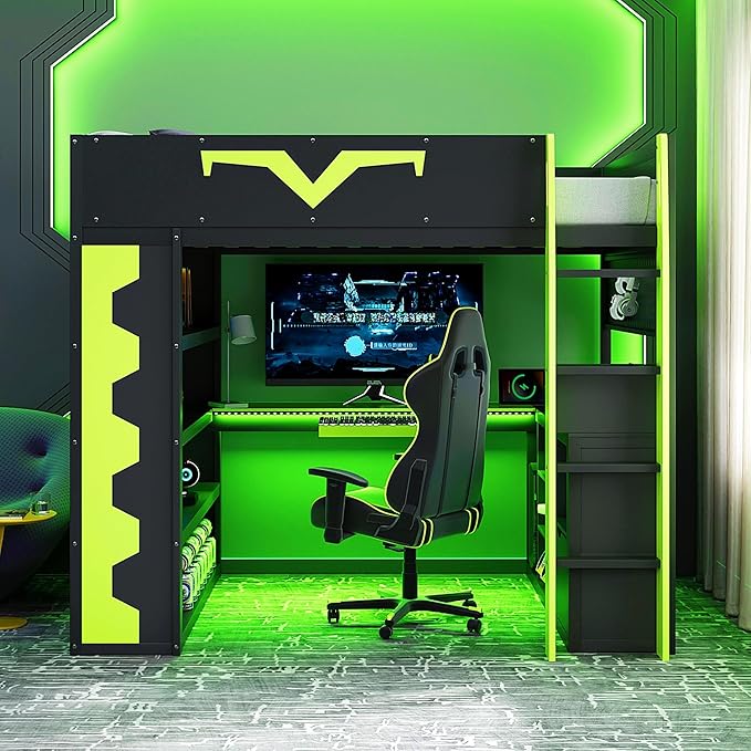 Full Size Gaming Loft Bed with Integrated Desk & RGB LED Lights,Bunk Bed with Power Outlet, Large Bookshelf, Pegboard, Keyboard Tray & Drawer (Green-Bo, Full)