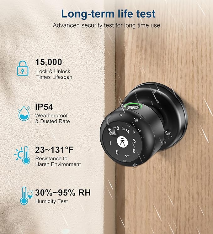Fingerprint Door Lock, Smart Fingerprint Door Knob with Lock, Biometric Door Locks with App Control & Key, Keyless Thumbprint Entry Door Locks for Bedroom, Front Door, Apartment- Black