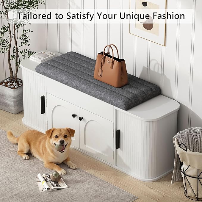 47.2'' Entryway Shoe Storage Bench with Seat Cushion & Sliding Door, Shoe Rack with Lift-Top Hidden Storage & Adjustable Shelf, Bench for Bedroom End of Bed, White