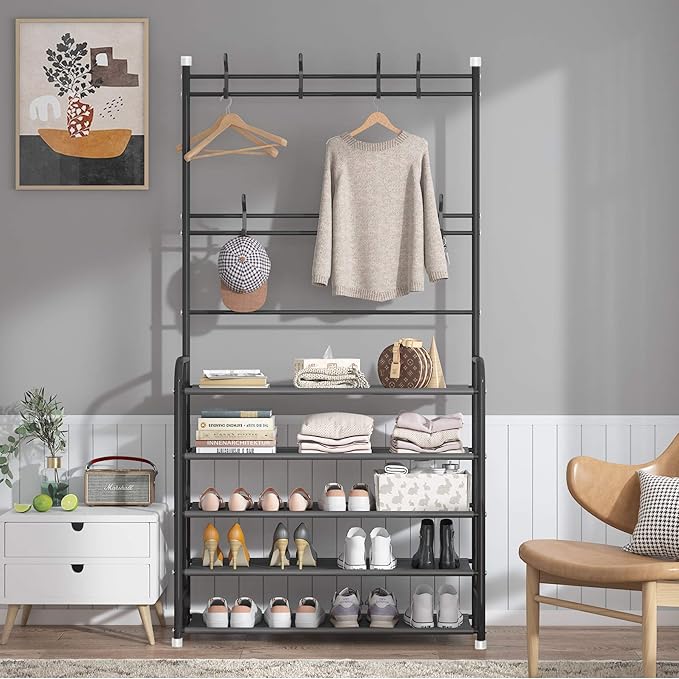 UDEAR Entryway Coat Rack,3-in-1 Hall Tree Multifunctional Storage Shelf with 5-Tier Shoe Bench and 8 hooks,20-25 Pairs of Shoes,Easy Assembly,for Entrance Foyer Bedroom Barthroom,Black