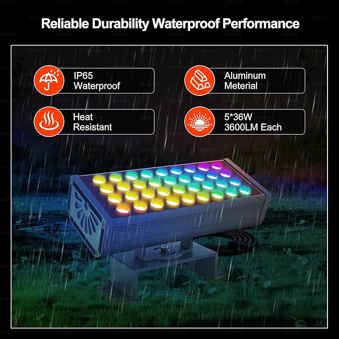 Party Lights Outdoor Smart Flood Light, 180W RGBCW Color Changing LED, 2700–6500K Tunable White, WiFi App & Voice Control, 50 Scenes, 1–100% Dimmable, IP65 Linkable Wall Washer Lights