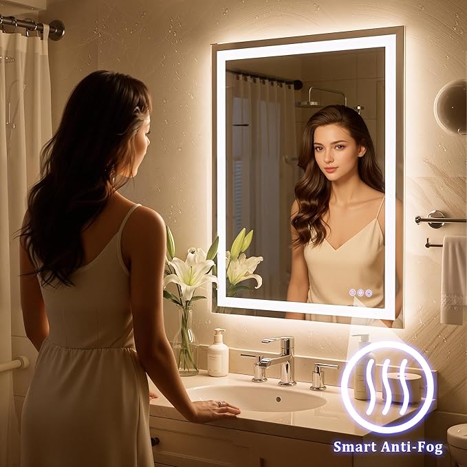 48"x 32" LED Bathroom Mirror with Lights – Backlit & Front Lit Lighted Vanity Mirror for Wall with Dimmable Lights 3 Colors – Adjustable Brightness, Anti-Fog, Shatterproof Tempered Glass