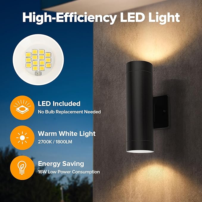 LUTEC Dusk to Dawn Outdoor Wall Lights, 16W Integrated LED Cylinder Up-Down Sconce, 3000K Waterproof Aluminum Exterior Lighting, Matte Black Modern Porch and Entryway Wall Light Fixture, 4 Pack