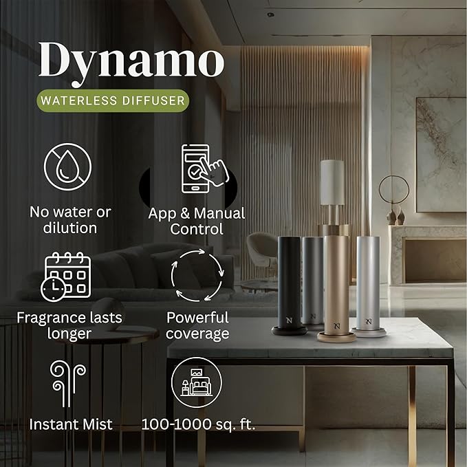 Dynamo Hotel Scent Diffuser – Cold-Air Essential Oil Diffuser for Home & Large Rooms up to 1000 sq ft, App & Manual Control, Hypoallergenic, Includes White Tea Fragrance Sample – Black