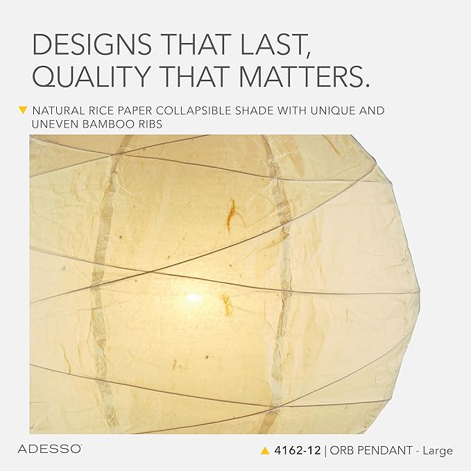 Adesso Orb Large Pendant with Collapsible Rice Paper Shade – 15ft Cord, 24” Diameter – Stylish Ceiling Lighting