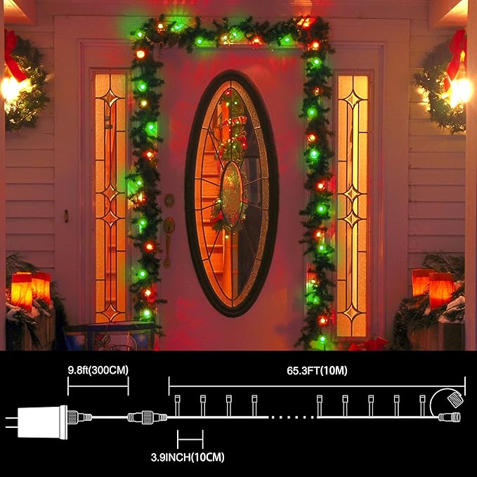 LAMPHOME Red and Green Christmas String Lights, 100 LED 33 FT Christmas Lights Outdoor Waterproof Connectable String Lights Clear Wire with 16 Modes, Xmas Vintage Decorations for Party Yard Garden