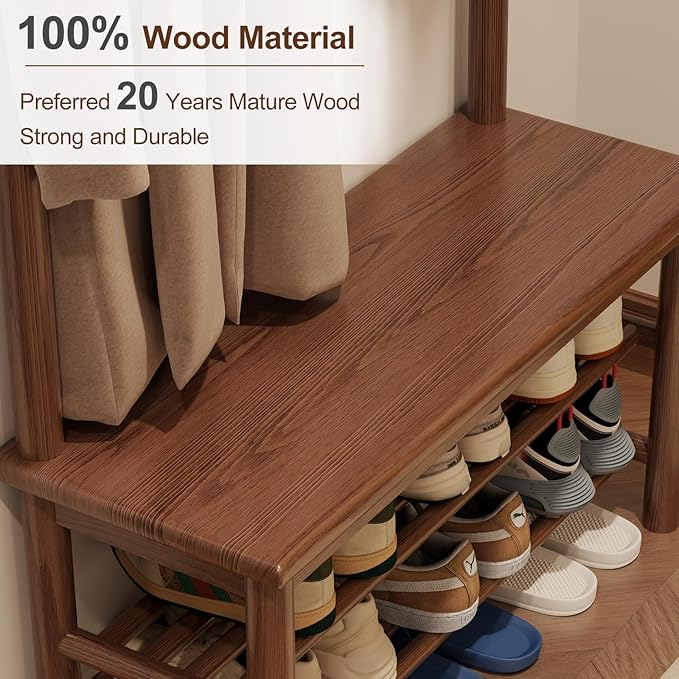 AQIMUELE Coat Rack with Shoe Storage, Wooden Hall Tree with Bench, 11 Hooks and 2-Tier Storage Shelves, 3-in-1, Entryway Bench with Coat Rack (31.5"-Walnut)