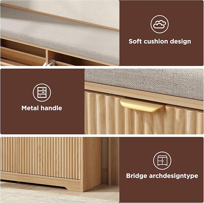 Maupvit 39.4" Fluted Shoe Bench with Storage, Narrow Entryway Bench with Removable Seat Cushion & 2 Flip-Drawers, Shoe Cabinet Bench, Boho Hidden Shoe Rack for Entrance, Hallway, Living Room (Natural)