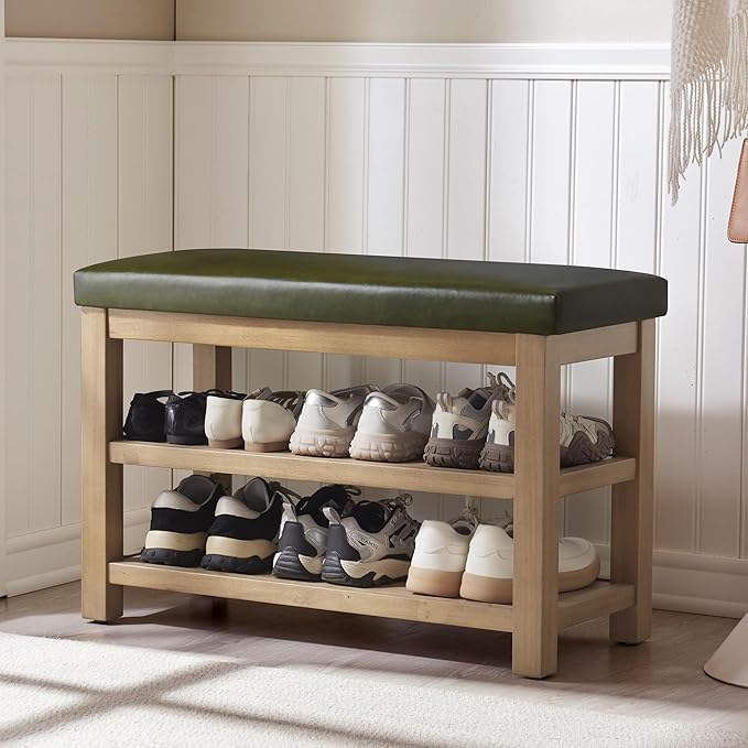 Shoe Rack Bench with Leather Cushion, 2 Tier Solid Wood Storage Bench, Mid-Century Modern Shoe Bench for Entryway, Hallway, Closet, Front Door Entrance, Foyer (Green, 31.5)
