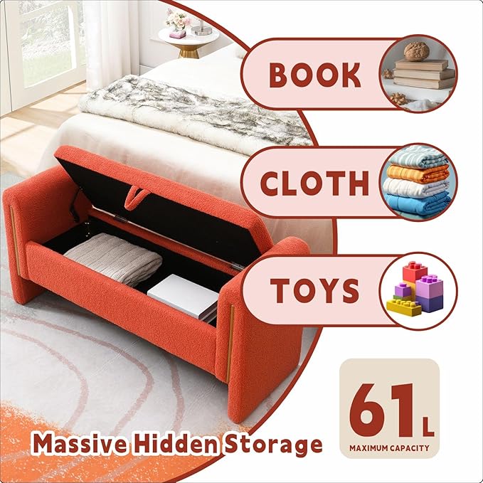Modern 52" Storage Ottoman Bench, Upholstered End of Bed Storage Bench with Armrests, Entryway Bench, Teddy Foot Rest Stool for Living Room Hallway Bedroom (Orange)