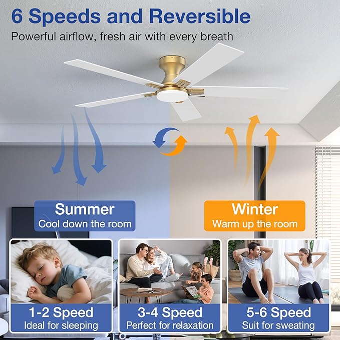 52 Inch Ceiling Fans with Lights,Smart Low Profile Ceiling Fan with Light and Remote Control,Modern Flush Mount Ceiling Fans for Bedroom,Patio,Porch,Outdoor Indoor Use,in Black White and Gold,Quiet