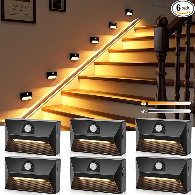 NIORSUN Motion Sensor Night Light, Rechargeable Stair Lights Indoor, 3 Colors and Motion Modes 2000mAh Battery Night Light with Light Sensor for Stairway, Hallway, Bathroom, Kitchen Black 6 Pack