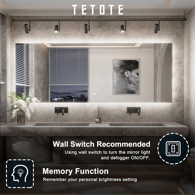 TETOTE 96 x 36 Inch LED Backlit Bathroom Mirror with Lights,Anti-Fog Lighted Mirror,Dimmable,Vanity Mirror,Wall Mounted