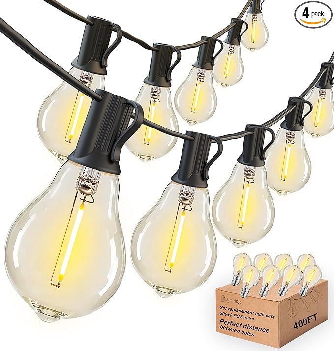 DAMAING Outdoor String Lights 400FT(4x100FT) Waterproof Patio Lights with 208 Shatterproof LED Edison Bulbs,Connectable Outdoor Light for Backyard Balcony Bistro Porch 2200K Black Cord