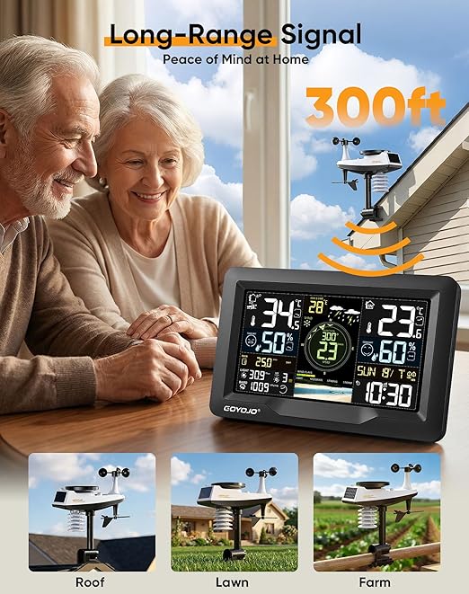 WiFi Weather Station with 7-in-1 Outdoor Sensor, Large Full-Color LCD, Indoor Outdoor Temperature & Humidity, Wind Speed/Direction, Rainfall, UV Index, Barometric Pressure, 433MHz, 300ft Range, App