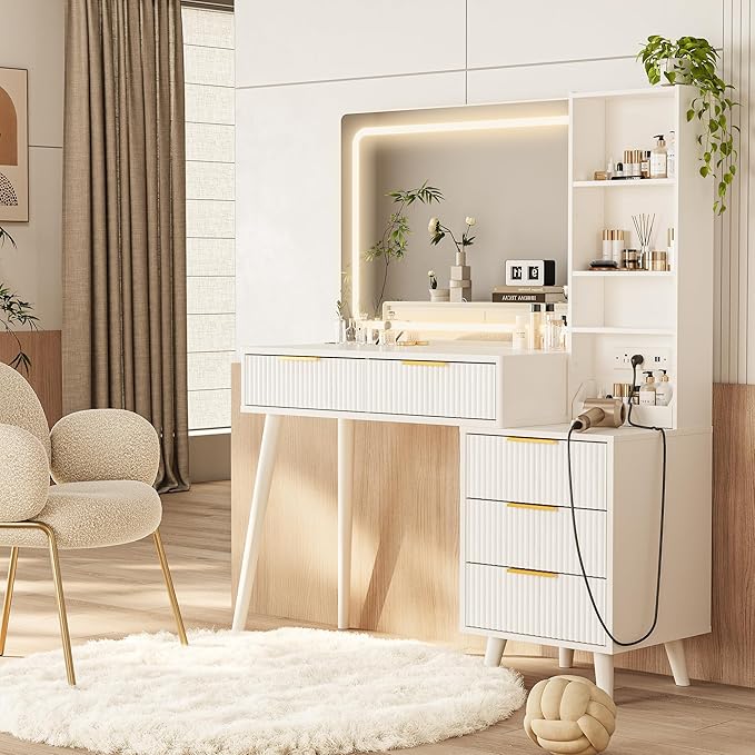 Vanity Desk with Mirror and Lights, Makeup Vanity Desk with Power Outlet, Makeup Desk with 5 Drawers&Storage Shelves, Vanity Table 3 Color Adjustable Brightness Dressing Table Set for Bedroom White