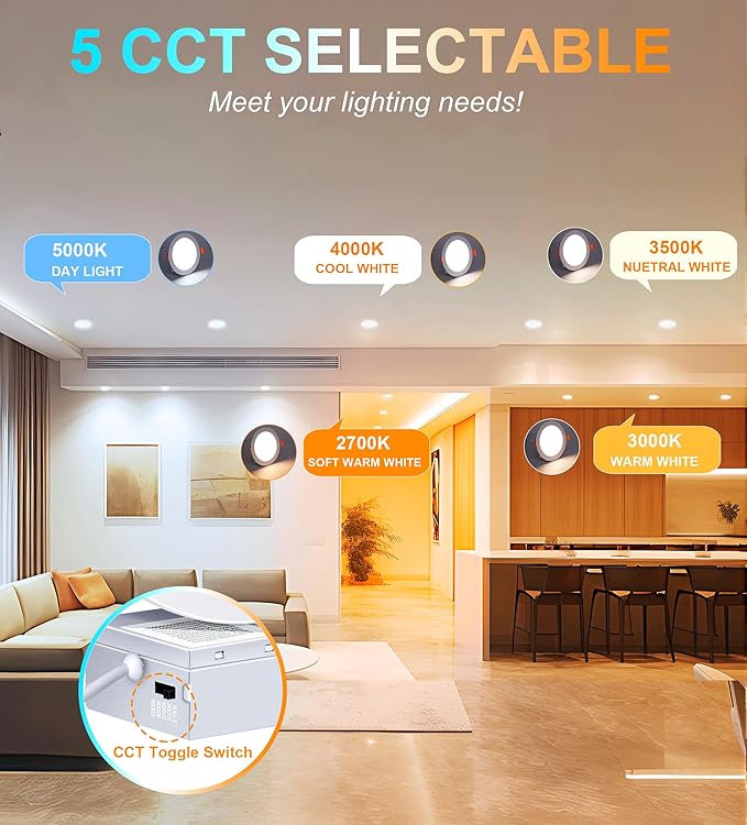 CLOUDY BAY 12 Pack 4 Inch 5CCT Ultra-Thin LED Recessed Ceiling Light with Junction Box,2700K/3000K/3500K/4000K/5000K Selectable,10W Dimmable Canless Wafer Downlight,White, 650LM High Brightness