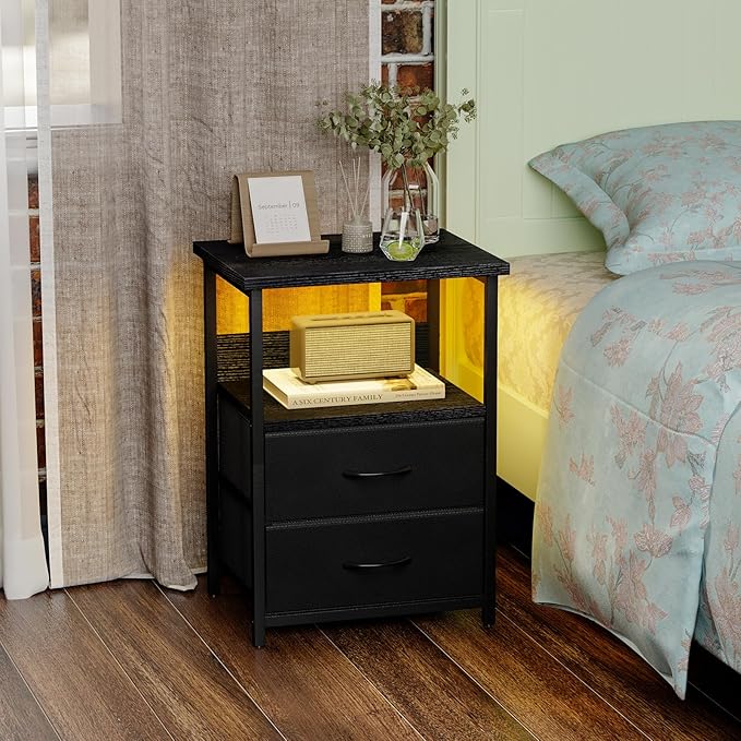 Fixwal Night Stand with Charging Station, LED Nightstand with U-S-B Ports and Outlets for Small Spaces, 2 Fabric Storage Drawers, Bedside Table End Tables Bedroom, Modern Black