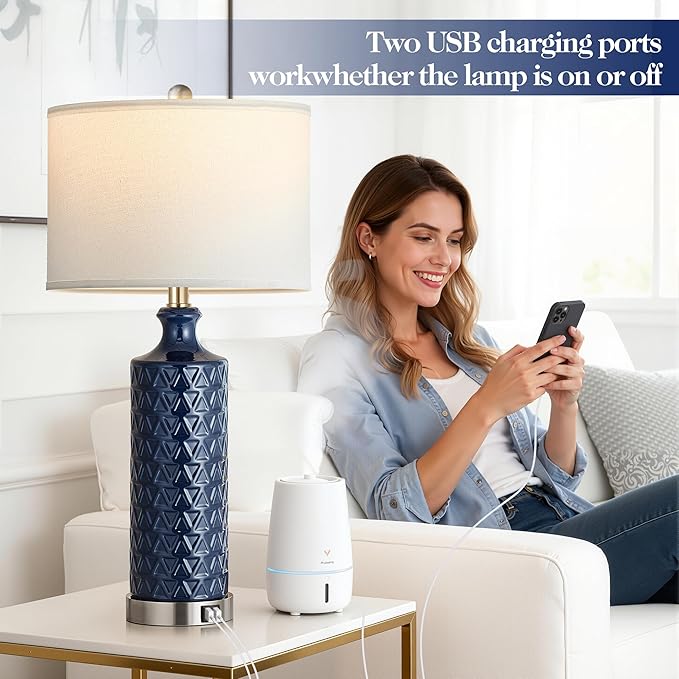 PARTPHONER Touch Control Table Lamp Set of 2, Modern Contemporary Ceramic Bedside Lamps with 2 USB Ports, 3-Way Dimmable Nightstand Lamp with White Fabric Shade for Living Room, Bedroom, Navy Blue