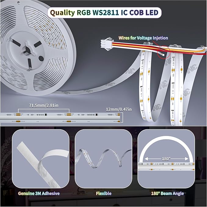 RGB Smart IC COB LED Strip Light 18ft Addressable Chasing Color 12V LED Light Strip Multicolored Flexible RGB Lights Kit with Music Mode for Party, Decoration, Home DIY Lighting Projects