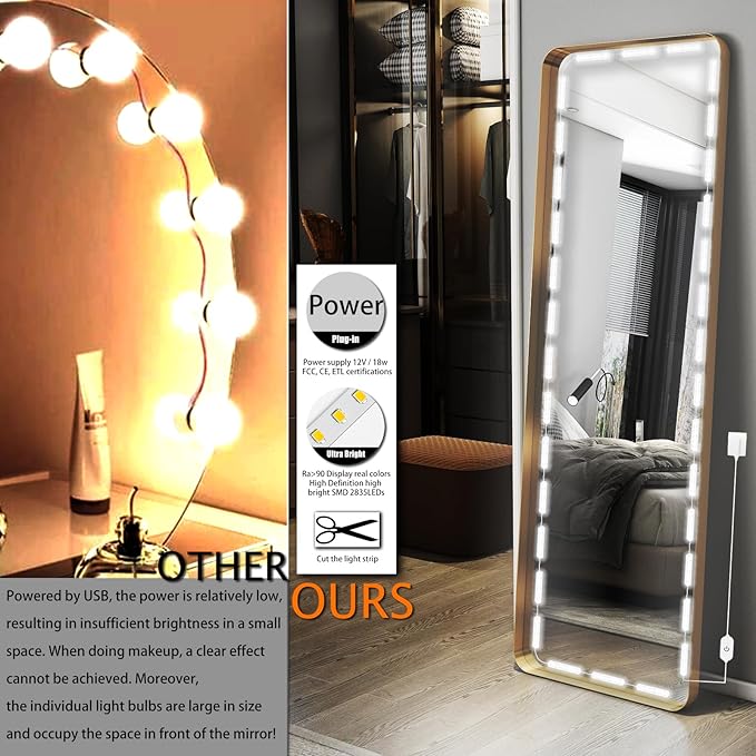 LED Vanity Mirror Lights, Hollywood Style Makeup Light, 14FT/6000K/Dimmable/12V Adapter/Self-Adhesive Full Body Vanity Lights, Lighting for Makeup Floor Mirror & Bathroom