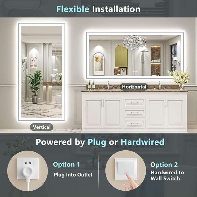 84x32 Brushed Nickel LED Bathroom Mirror with Lights, Sliver Framed Backlit and Front Lit Anti-Fog Lighted Vanity Mirrors for Bathroom Wall, Dimmable, 3 Colors, Memory, Tempered Glass, CRI＞90