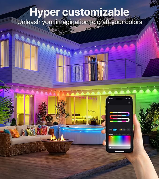 150FT RGB+IC LED Permanent Outdoor Lights: Eave Lights with Smart APP & Remote Control, 72 Scene Modes, Waterproof IP65 for Holiday Christmas Decorations