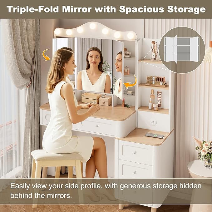 Vanity Desk with Mirror and Lights,Makeup Vanity with 2 USB Power Strip,Vanity Set with Two Drawers and Three Drawer Chest, 3 Lighting Modes Adjustable Brightness, Foldable Three Sided Mirror(White)