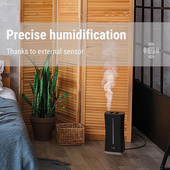 Stadler Form’s Eva humidifier with WiFi, external humidity sensor, automatic mode, for rooms of up to 860 sq ft, ultrasonic nebuliser, dimmable LEDs, suitable for fragrant oil, black