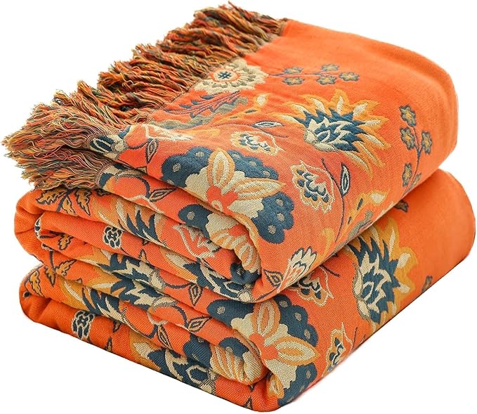 Throw Blankets Queen Size for Bed Couch,100% Cotton Soft Lightweight Blanket Rustic Quilt -Orange Floral Printed Farmhouse Decor Bed All Season Blankets,80"×90"