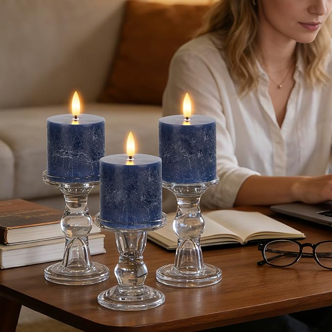 Navy Blue Flameless Candles with Remote and Timer, 3"x3" Real Wax Battery Operated Pillar Candles with 3D Flickering Flame, Set of 3