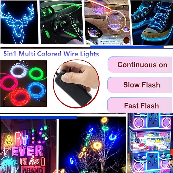 Ourbest 2Pack 5in1 Wearable led Wire Lights, el Wire Lights Battery Powered Party Cosplay Rope Lights 3Mode Stay/Slow/Fast Flash(2 Battery Boxes Multicolor)