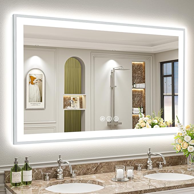 55x36 Brushed Nickel LED Bathroom Mirror with Lights, Sliver Framed Backlit and Front Lit Anti-Fog Lighted Vanity Mirrors for Bathroom Wall, Dimmable, 3 Colors, Memory, Tempered Glass, CRI＞90