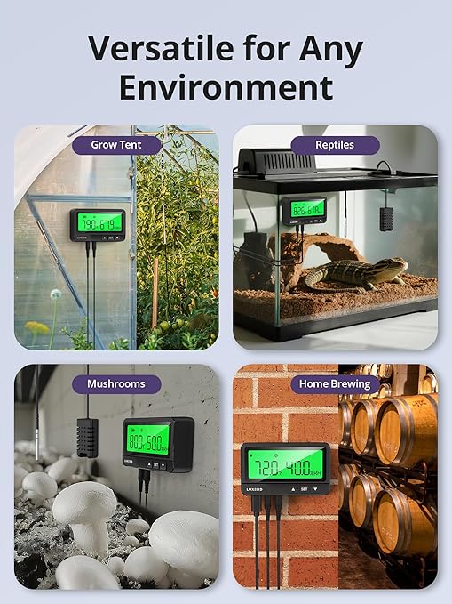 LUXBIRD WiFi Temperature & Humidity Controller LTC-318-W, Smart Thermostat Humidistat Outlet with Split Monitor, Dual-Zone Temperature Humidity, App Control for Grow Tent Greenhouse Reptile Terrarium