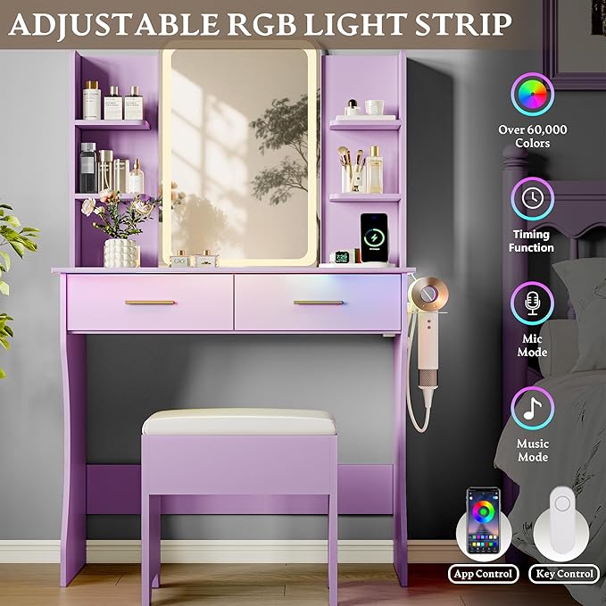 Makeup Vanity Desk with Mirror & Lights, Small Vanity Table Set for Girls with Chair & Power Outlet, Modern Dressing Table with 2 Drawers & 4 Storage Shelves, Adjustable RGB Lighting - Purple