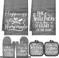 Sratte 6 Pcs Kitchen Decor Accessories Set Farmhouse Towels Pot Holders Oven Mitts Set 2 Dish Towels 2 Potholders 2 Cooking Mittens Oven Glove for Christmas Baking Cooking (Dark Gray)