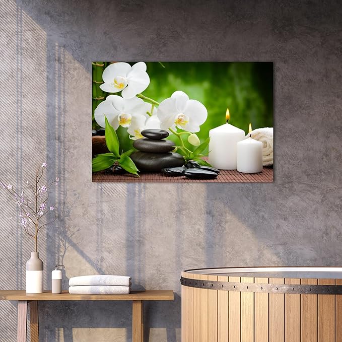 GUTTATY Zen Wall Art Decor, Modern Bathroom Zen Decor Wall Art, Canvas Wall Art for SPA Zen Room Decor, Green Bamboo and Pebble Relaxing Zen Art Prints for Office & SPA Wall Decor 18x24 Inches