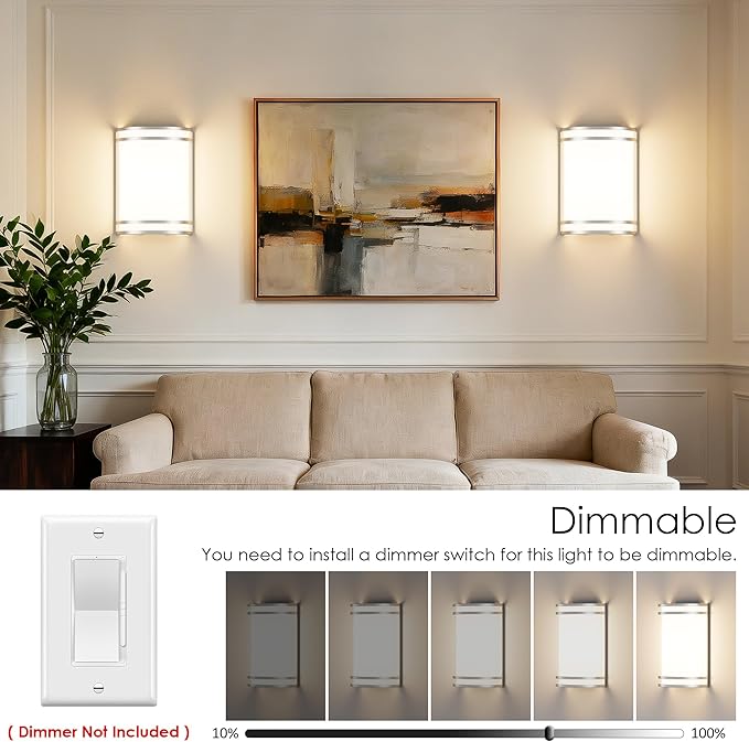 Aipsun Modern Wall Sconces Set of Two, Hardwired 15W LED Indoor Wall Sconce Lighting Dimmable Wall Lights for Living Room Hallway Bedroom (Brushed Nickel)