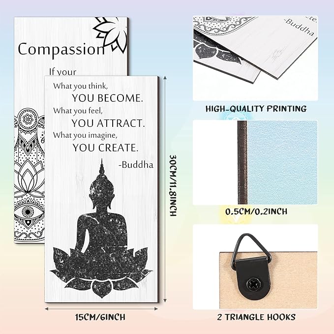 Blulu 2 Pcs Buddha Quote Decor Buddha Inspirational Quote Wall Art Meditation Room Chakra Decor Zen Wooden Hanging, Spiritual Gift for Home Yoga Living Room Women(Compassion)