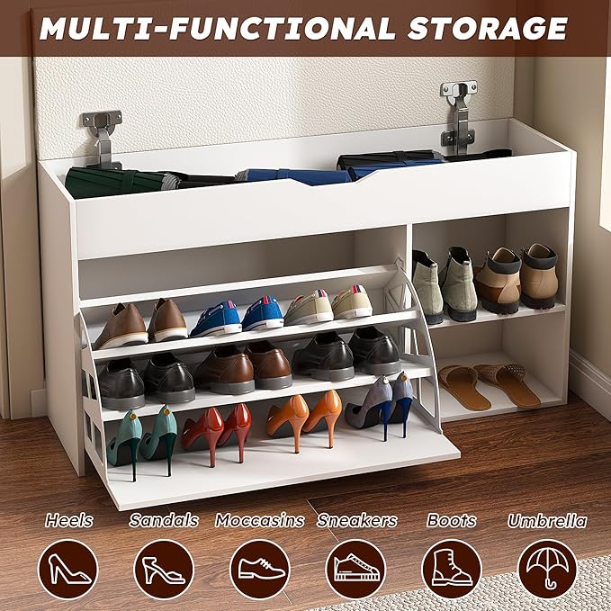 Entryway Bench with Shoe Storage,Adjustable 3-Tier Flip-Up Drawers & Hidden Cabinet,Space-Saving Shoe Organizer,Triple Storage and Modern Design for Hallway and Living Room