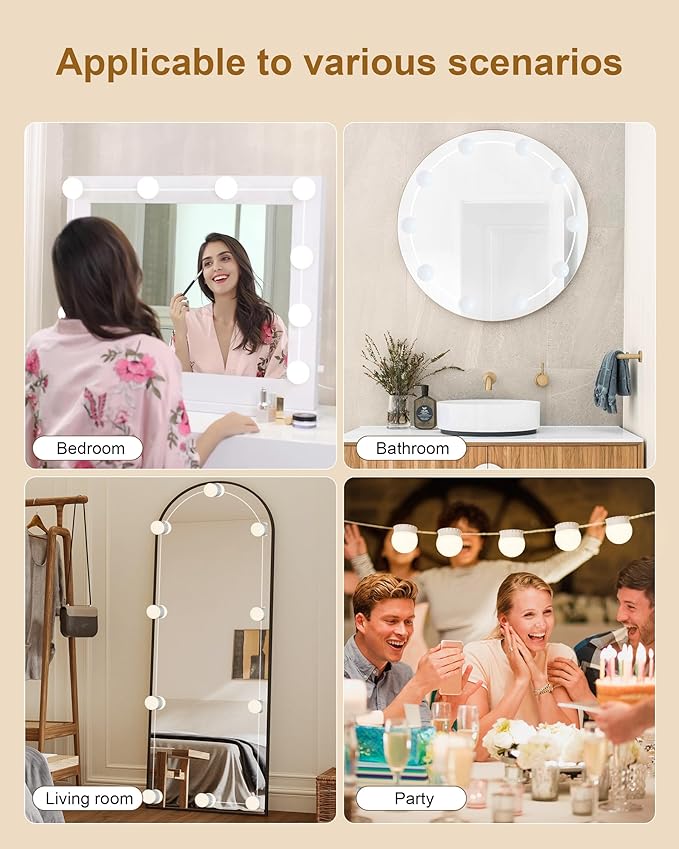 10 Bulbs LED Vanity Lights for Mirror, 3000K 4000K 6500K & 10-Brightness, Wire Length Adjustable, USB Cable, Hollywood Mirror Lights for Makeup Dressing Room Bathroom, White