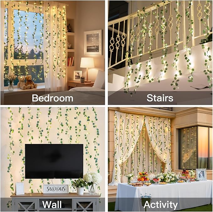 suddus 200 LED Vine with Light Plug in, 6.5ft x 6.5ft Eucalyptus Fairy Curtain Lights with Remote, Leaf Fairy Lights for Wall,Bedroom, Dorm, Wedding, Party, Indoor Decor(Warm White)