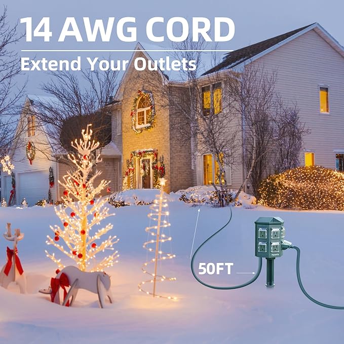 Outdoor Power Strip Timer Waterproof, Dusk to Dawn Light Sensor Countdown, 50 Feet Extension Cord, 6 Grounded Outlets for Graden and Yard Decorations, ETL Listed