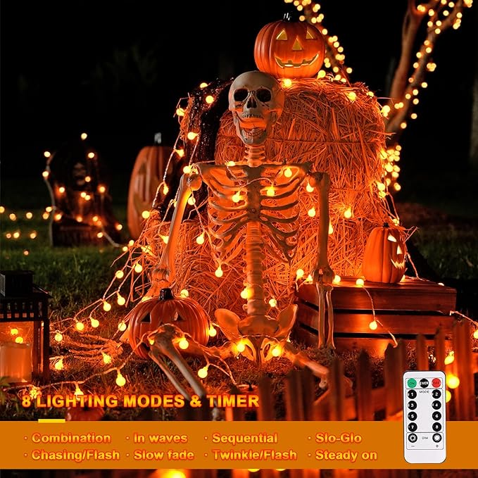 JMEXSUSS 100 LED Orange Globe String Lights Battery Operated, 33ft 8 Modes Indoor Christmas Lights with Remote, Battery Powered Fairy Lights Outdoor for Room Bedroom Party Patio Yard Decor