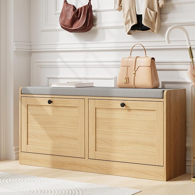 MHOM Oak Modern Entryway Bench with 2 Flip Drawers, Shoe Rack with Padded Seat Cushion, Wooden Storage Bench for Entryway and Hallway