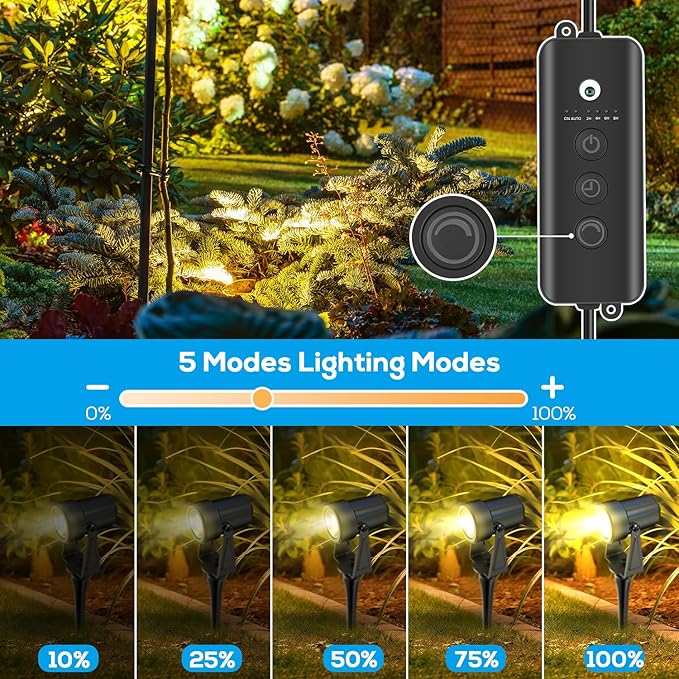 ZYAN Landscape Spotlights with Sensor, 5 Lighting Modes for Brightness Adjustment, Dimmable Timer Auto On Off, Low Voltage Outdoor IP65 Waterproof for Patio Yard Garden Pathway, Warm White (10 Pack)