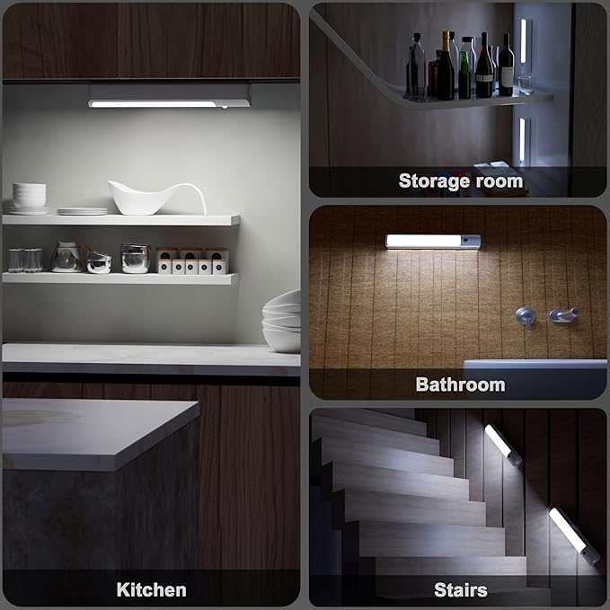 Under Cabinet Lighting, 2 Pack Motion Sensor Light Indoor, 3 Color Temperatures, Rechargeable Closet Light with Charging Cable, Suitable for Kitchens, Staircases, Corners